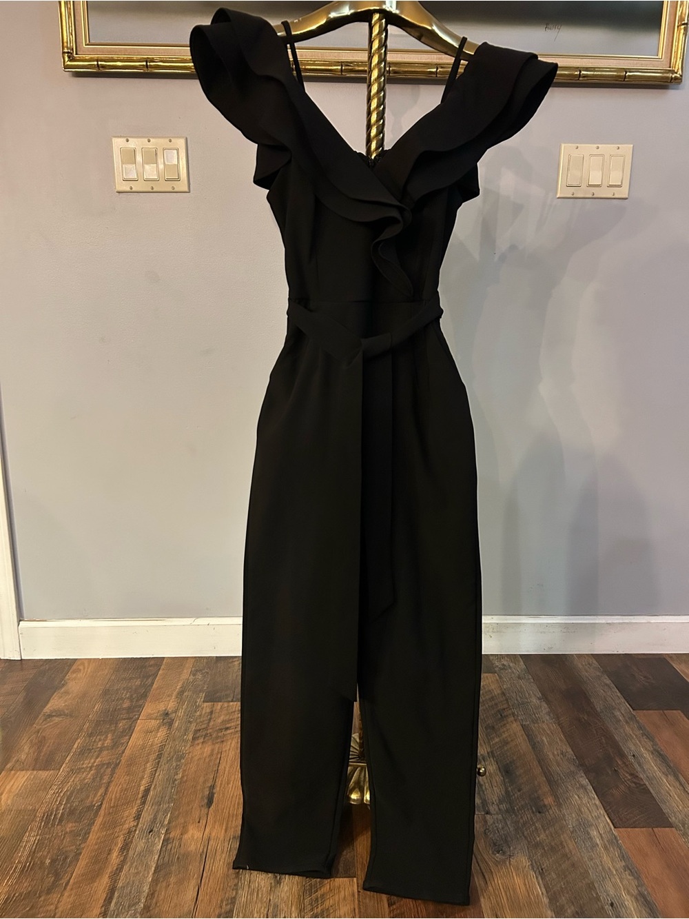 Main Strip Black Ruffle-Trim V-Neck Jumpsuit with Tie Waist